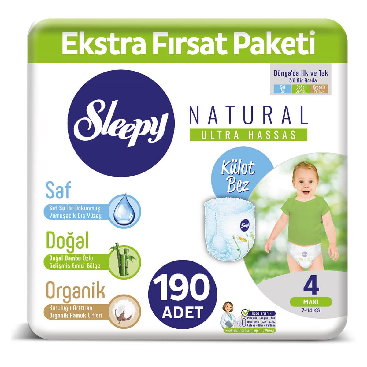 Sleepy Natural KÜLOT Bez 4 Numara Maxi Ekstra Fırsat Paketi 190 Adet