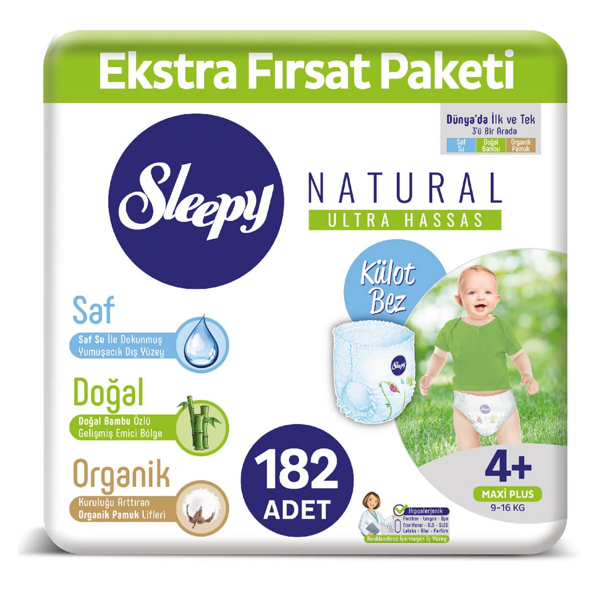 Sleepy Natural KÜLOT Bez 4+ Numara Maxi Plus Ekstra Fırsat Paketi 182 Adet