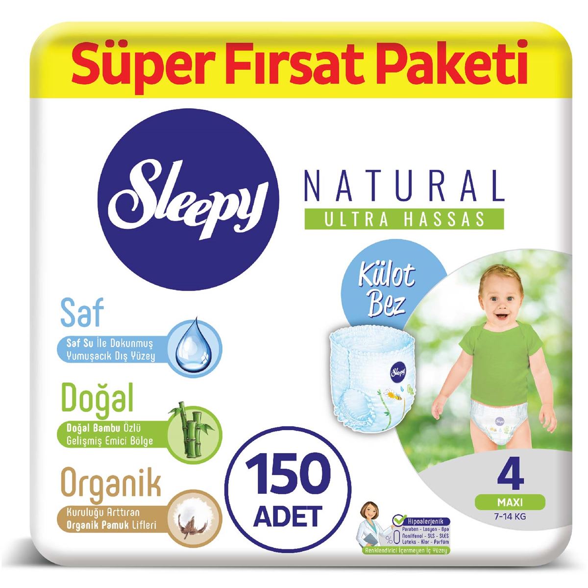 Sleepy Natural KÜLOT Bez 4 Numara Maxi Süper Fırsat Paketi 150 Adet 