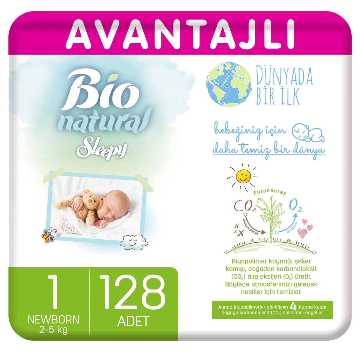 Sleepy Bio Natural Avantajlı Bebek Bezi 1 Numara Yenidoğan 128 Adet