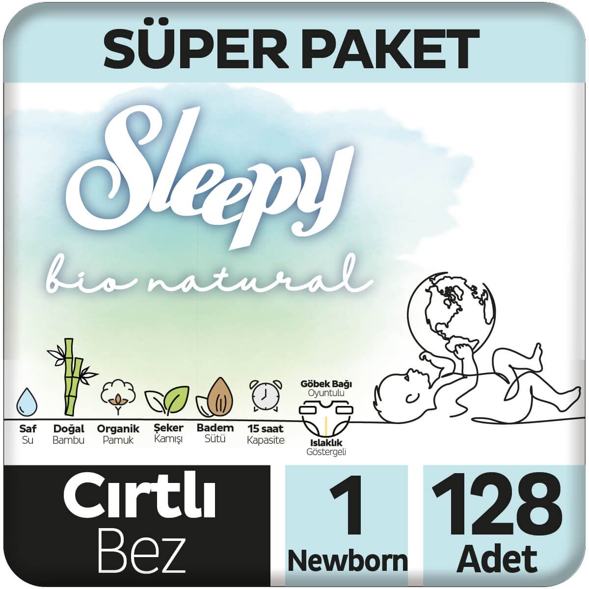 Sleepy Bio Natural Süper Paket Bebek Bezi 1 Numara Yenidoğan 128 Adet