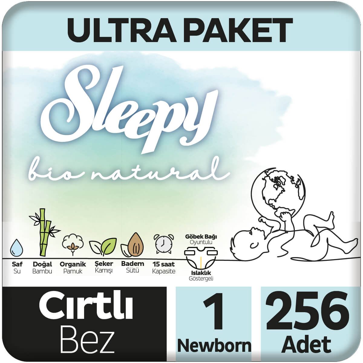 Sleepy Bio Natural Ultra Paket Bebek Bezi 1 Numara Yenidoğan 256 Adet