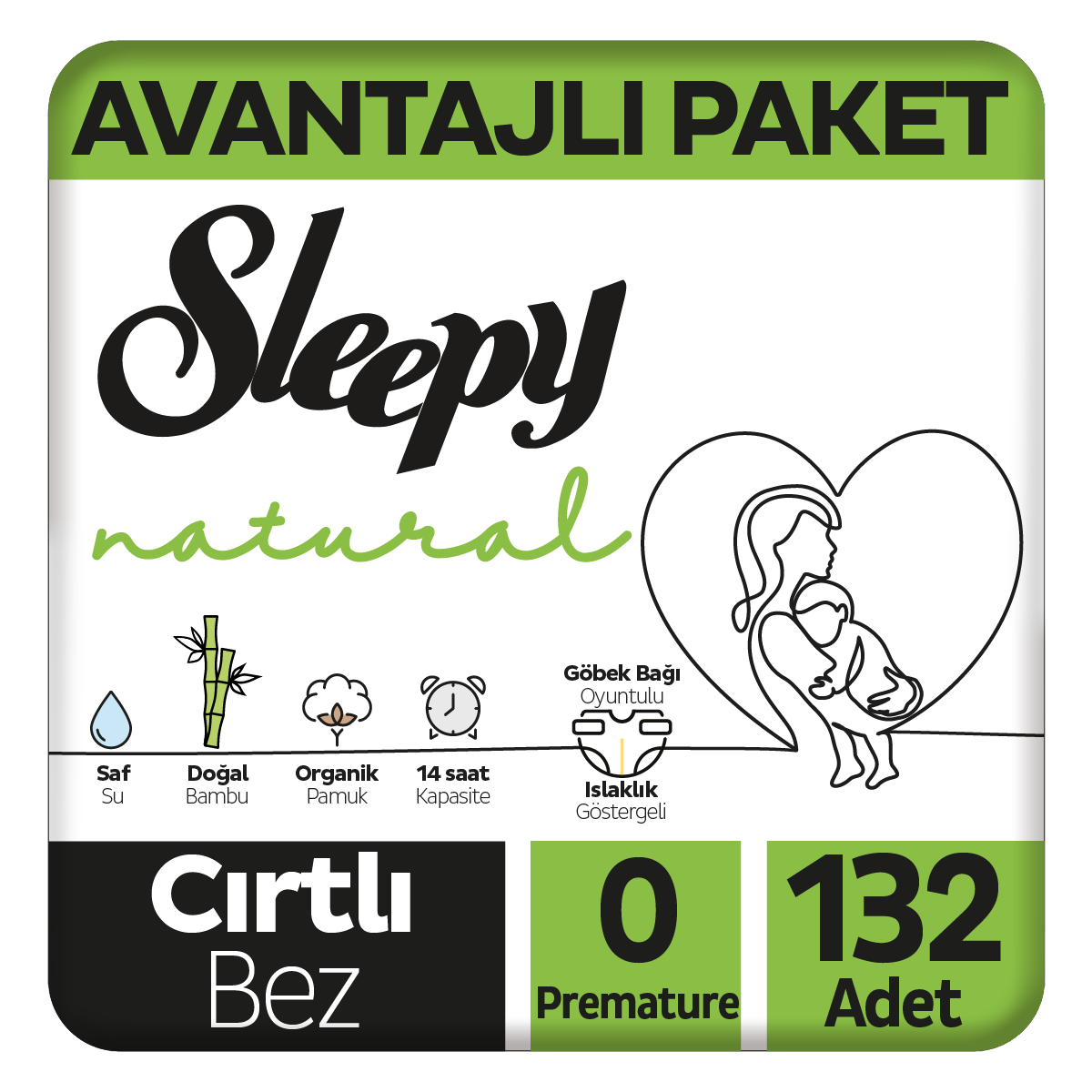 Sleepy Natural Avantajlı Paket Bebek Bezi 0 Numara Premature 132 Adet