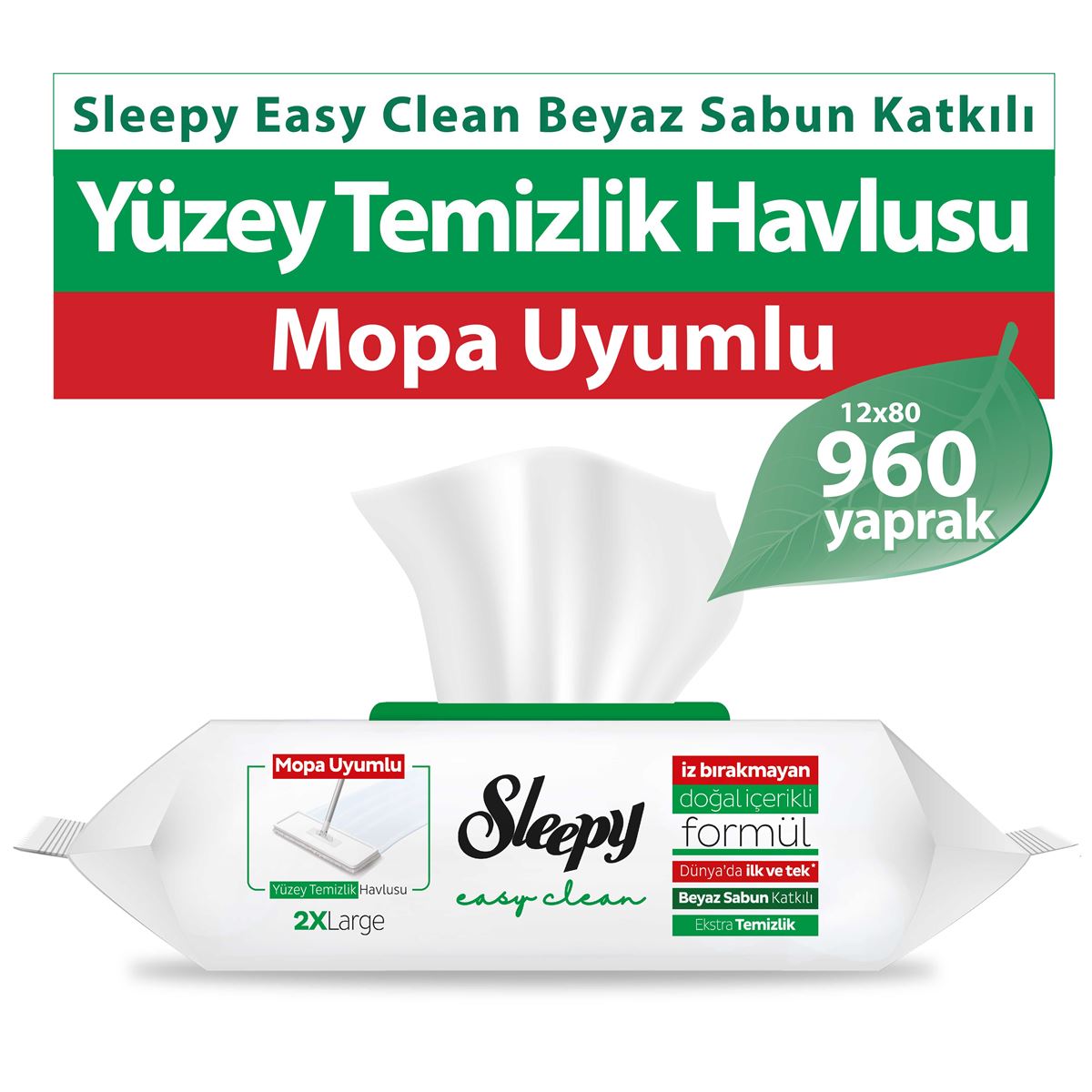 Sleepy Easy Clean Beyaz Sabun Katkılı Mopa Uyumlu Yüzey Temizlik Havlusu 12x80 (960 Yaprak)