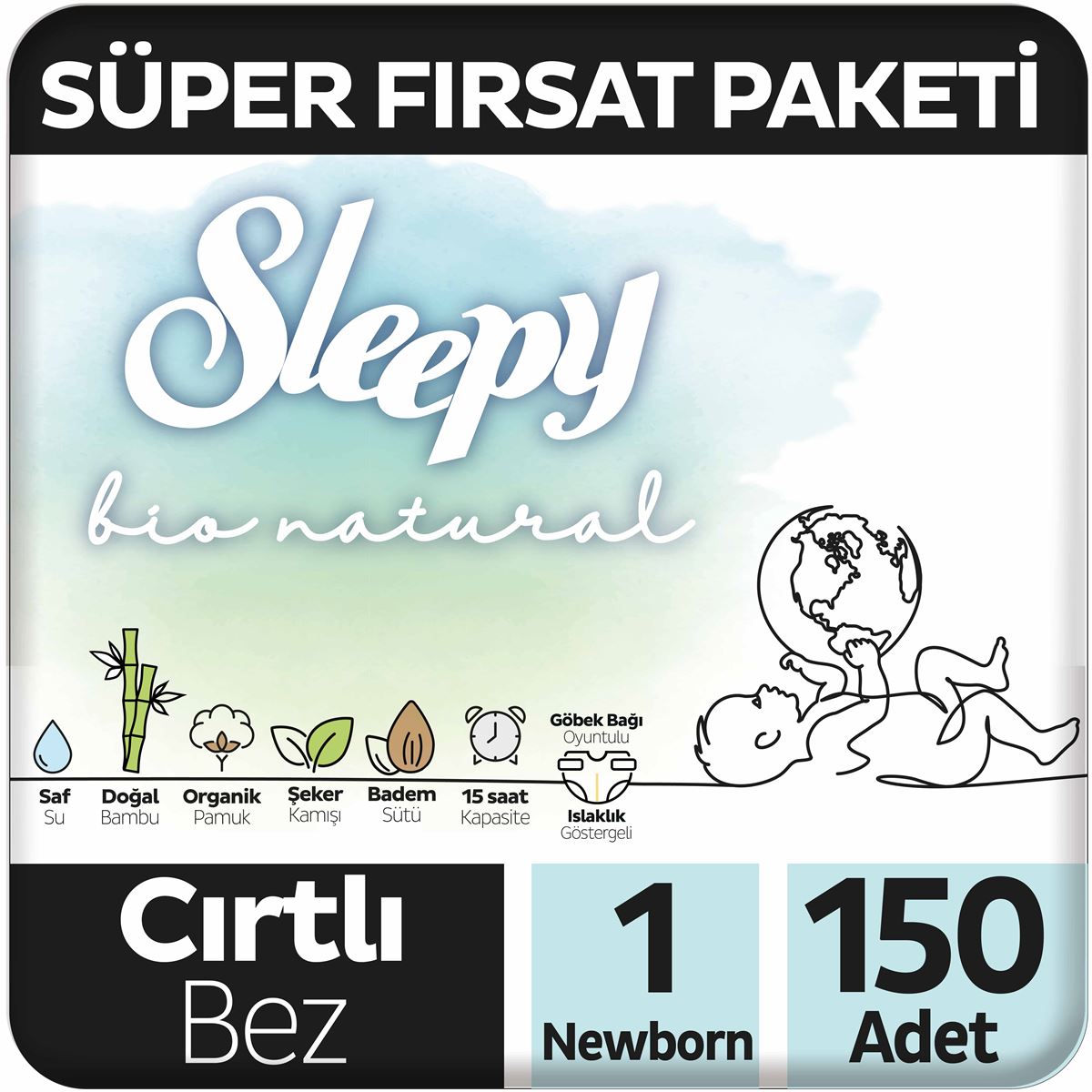 Sleepy Bio Natural Süper Fırsat Paketi Bebek Bezi 1 Numara Newborn 150 Adet