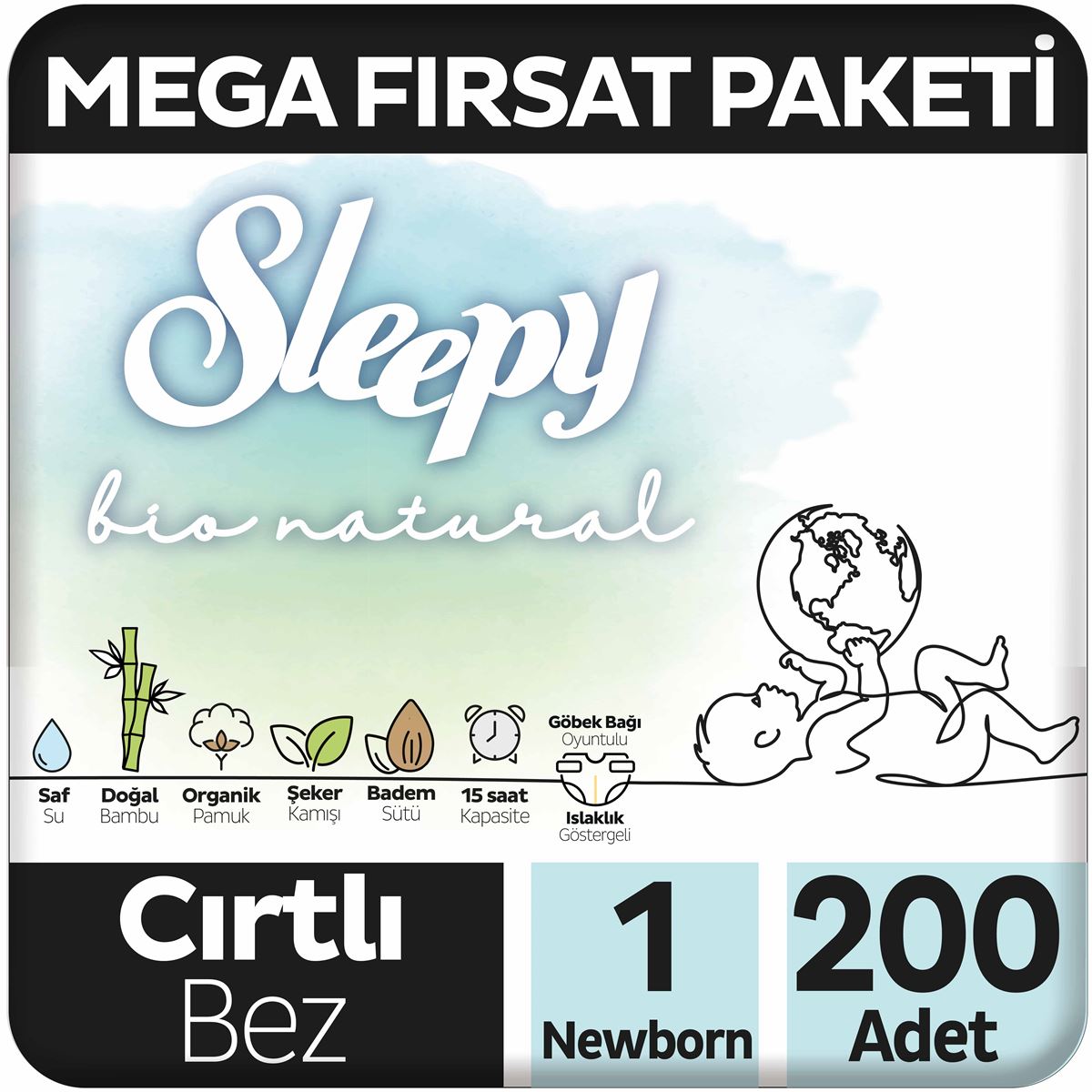 Sleepy Bio Natural Mega Fırsat Paketi Bebek Bezi 1 Numara Newborn 200 Adet