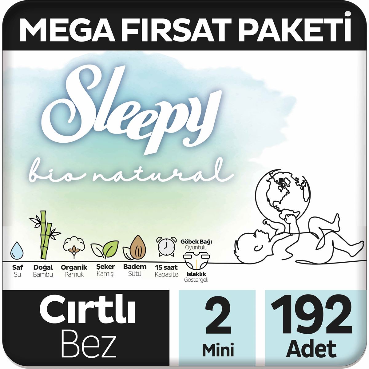 Sleepy Bio Natural Mega Fırsat Paketi Bebek Bezi 2 Numara Mini 192 Adet
