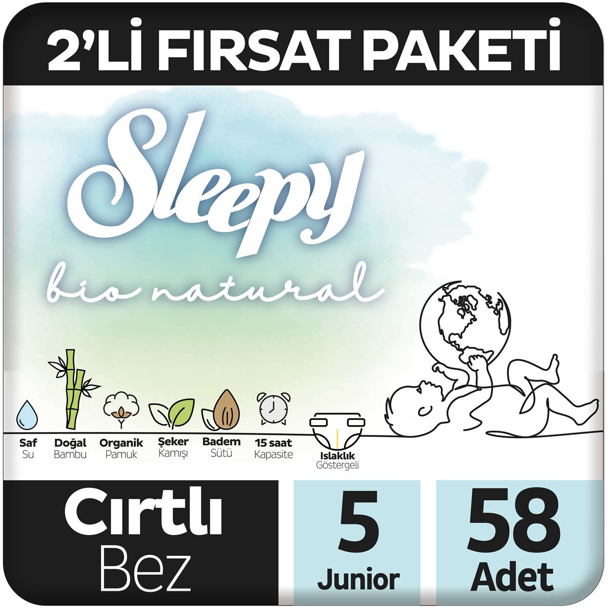 Sleepy Bio Natural 2'li Fırsat Paketi Bebek Bezi 5 Numara Junior 58 Adet