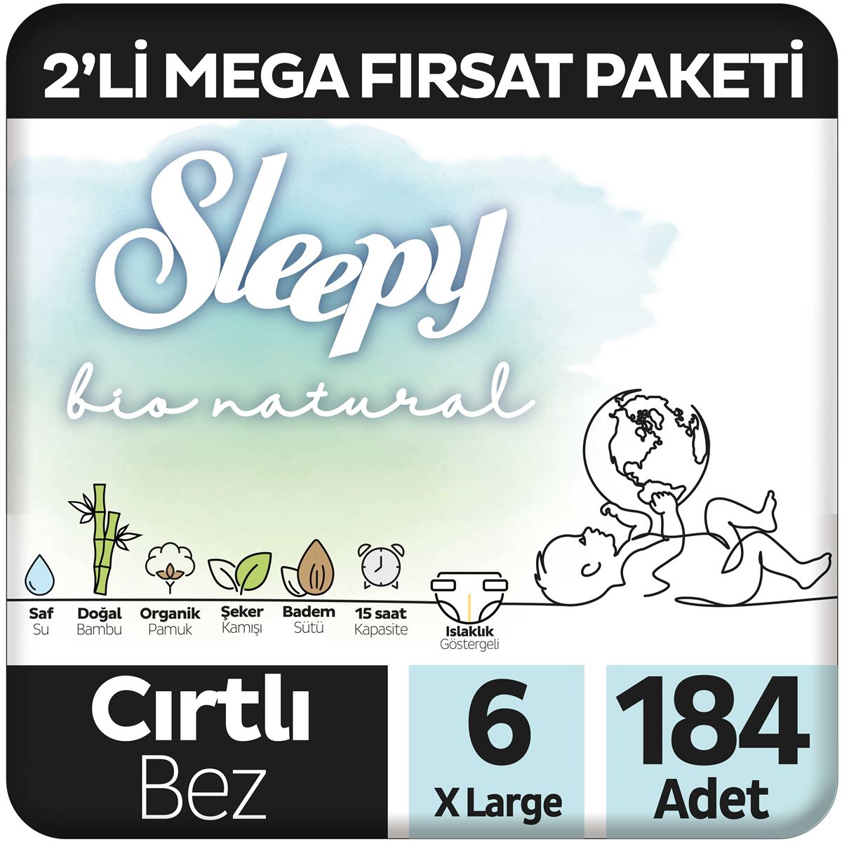 Sleepy Bio Natural 2'li Mega Fırsat Paketi Bebek Bezi 6 Numara Xlarge 184 Adet