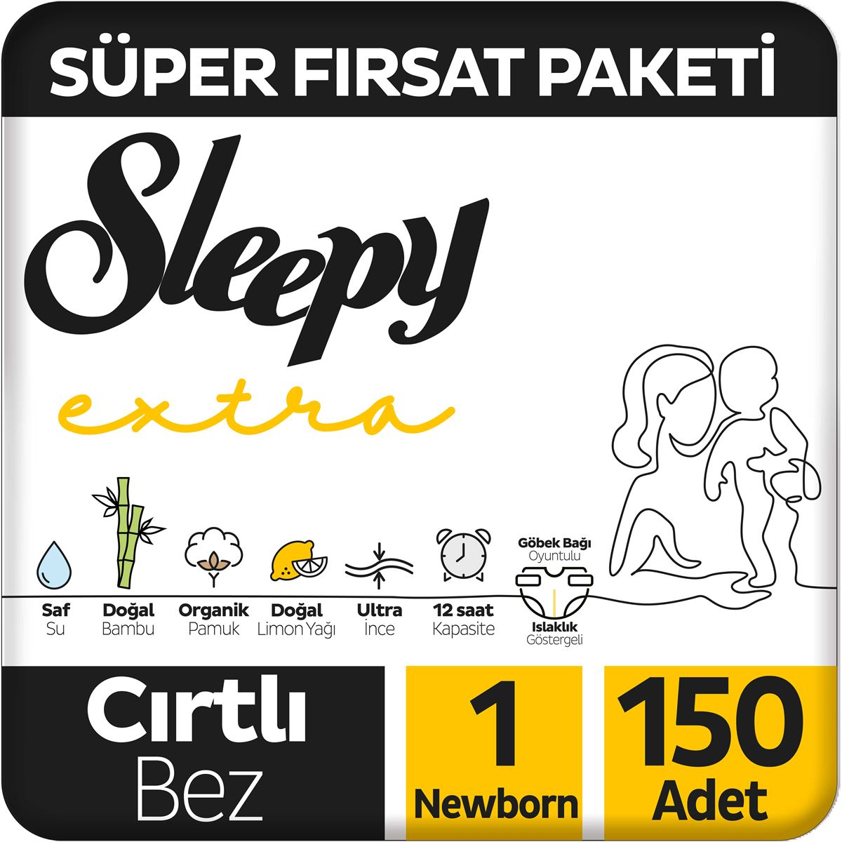 Sleepy Extra Günlük Aktivite Süper Fırsat Paketi Bebek Bezi 1 Numara Newborn 150 Adet