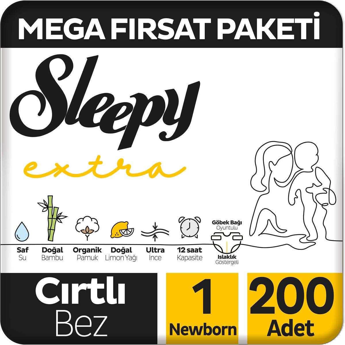 Sleepy Extra Günlük Aktivite Mega Fırsat Paketi Bebek Bezi 1 Numara Newborn 200 Adet