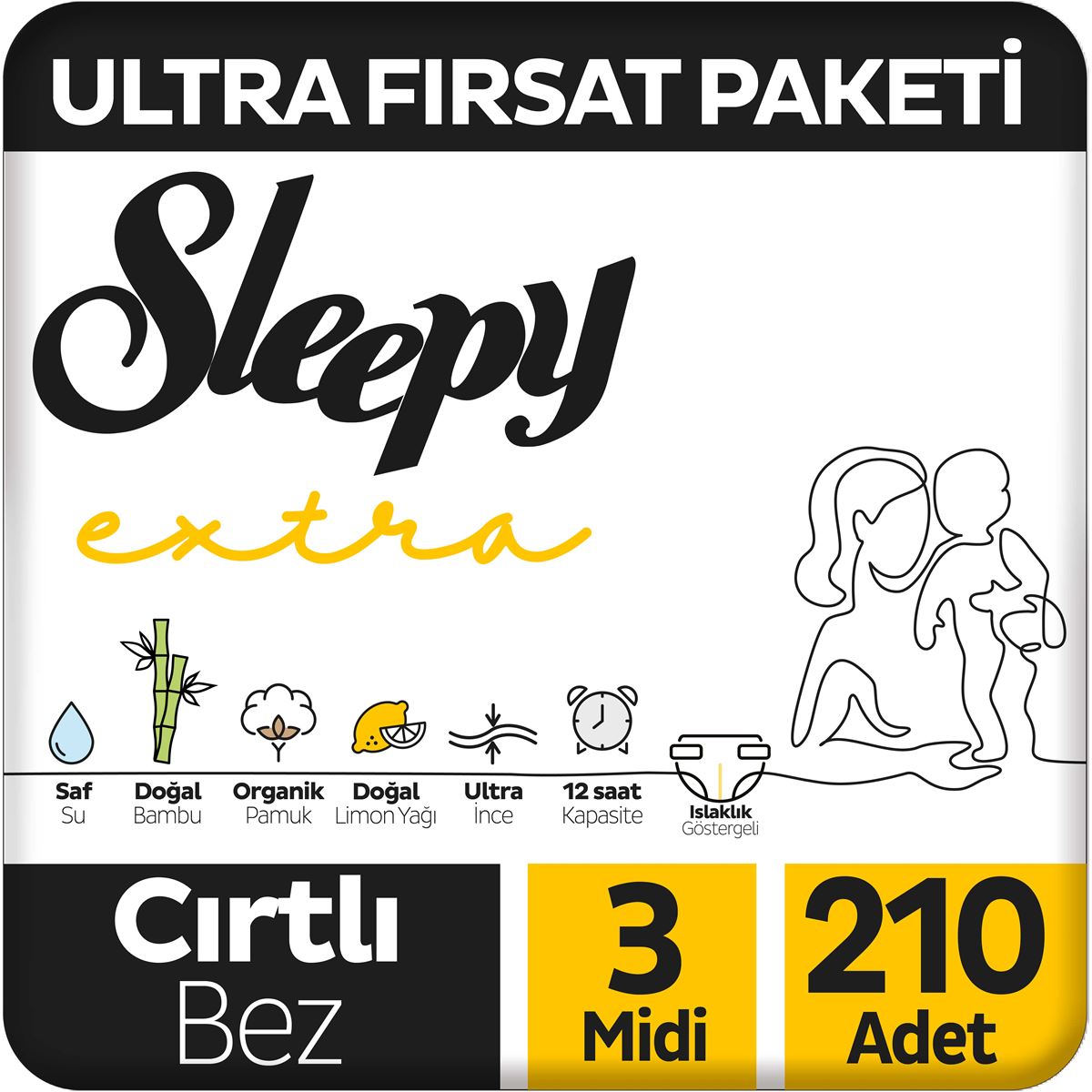 Sleepy Extra Günlük Aktivite Ultra Fırsat Paketi Bebek Bezi 3 Numara Midi 210 Adet