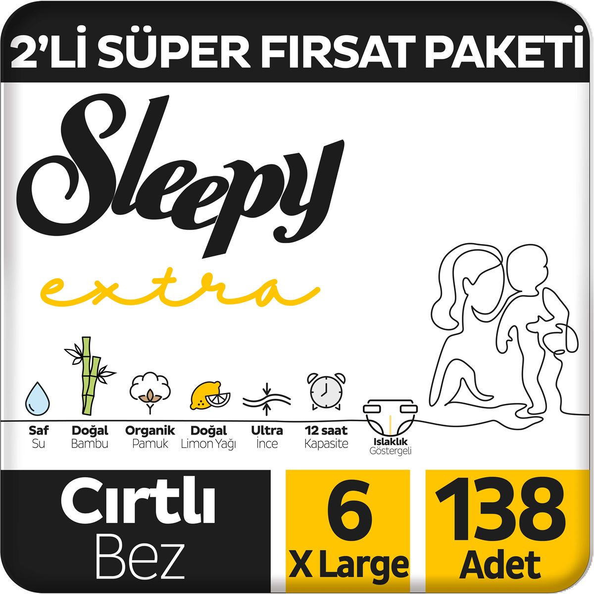 Sleepy Extra Günlük Aktivite 2'li Süper Fırsat Paketi Bebek Bezi 6 Numara Xlarge 138 Adet