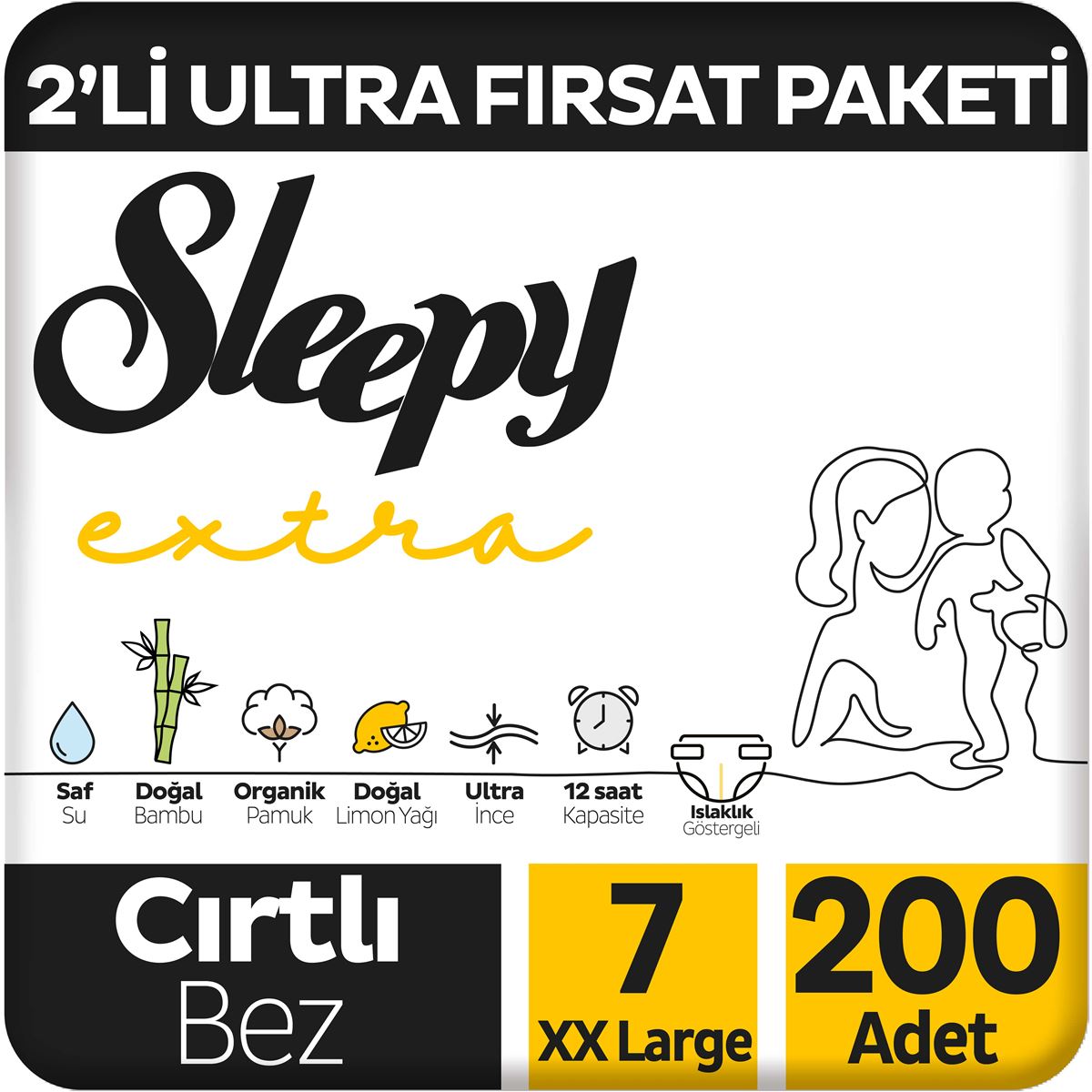 Sleepy Extra Günlük Aktivite 2'li Ultra Fırsat Paketi Bebek Bezi 7 Numara Xxlarge 200 Adet