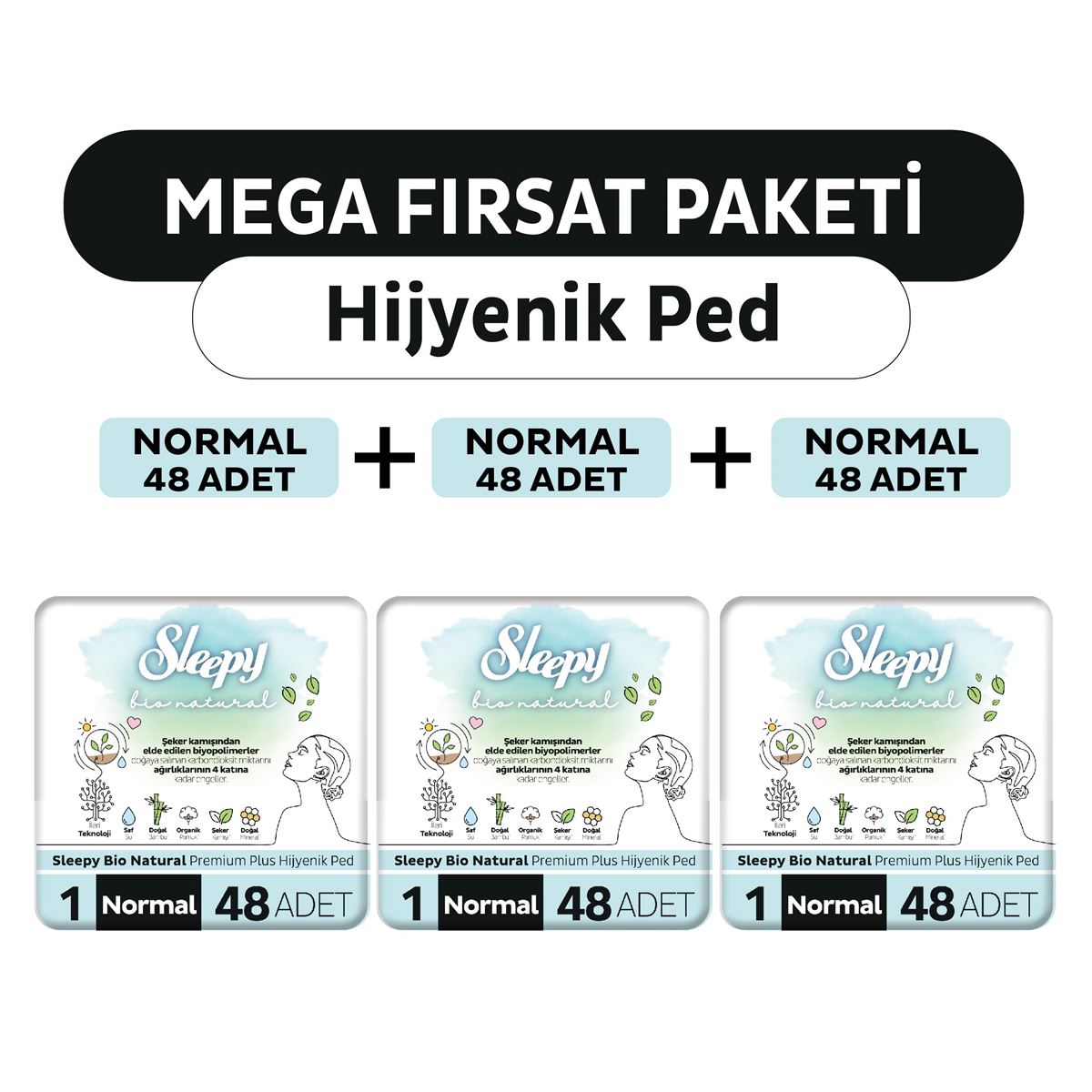 Sleepy Bio Natural Premium Plus Hijyenik Ped Mega Fırsat Paketi Normal 144 Adet