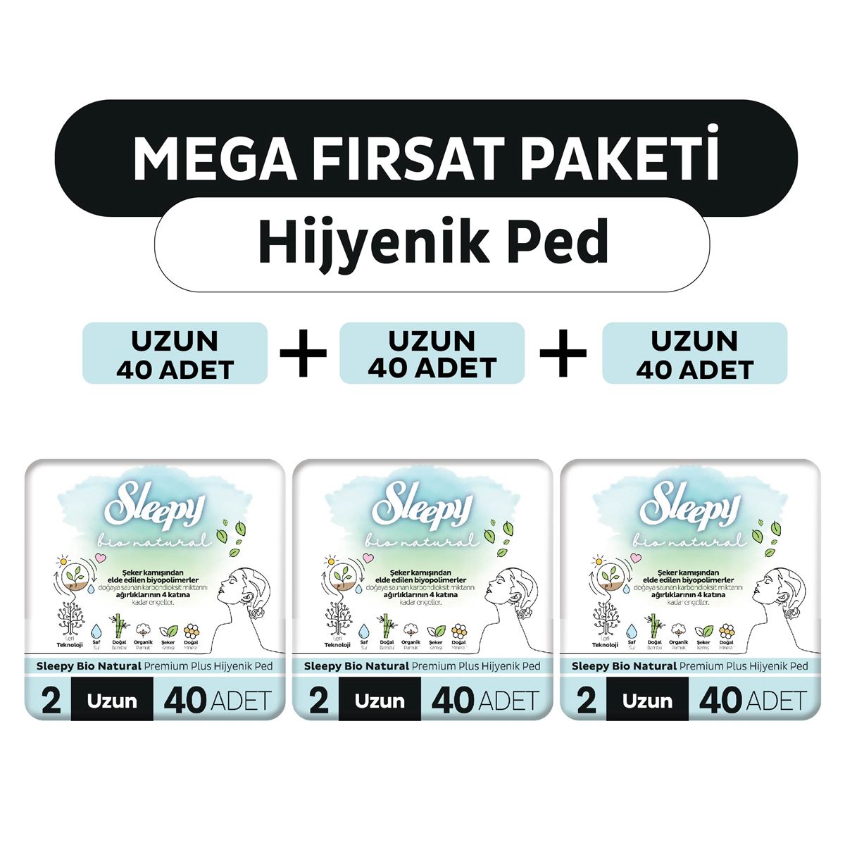 Sleepy Bio Natural Premium Plus Hijyenik Ped Mega Fırsat Paketi Uzun 120 Adet