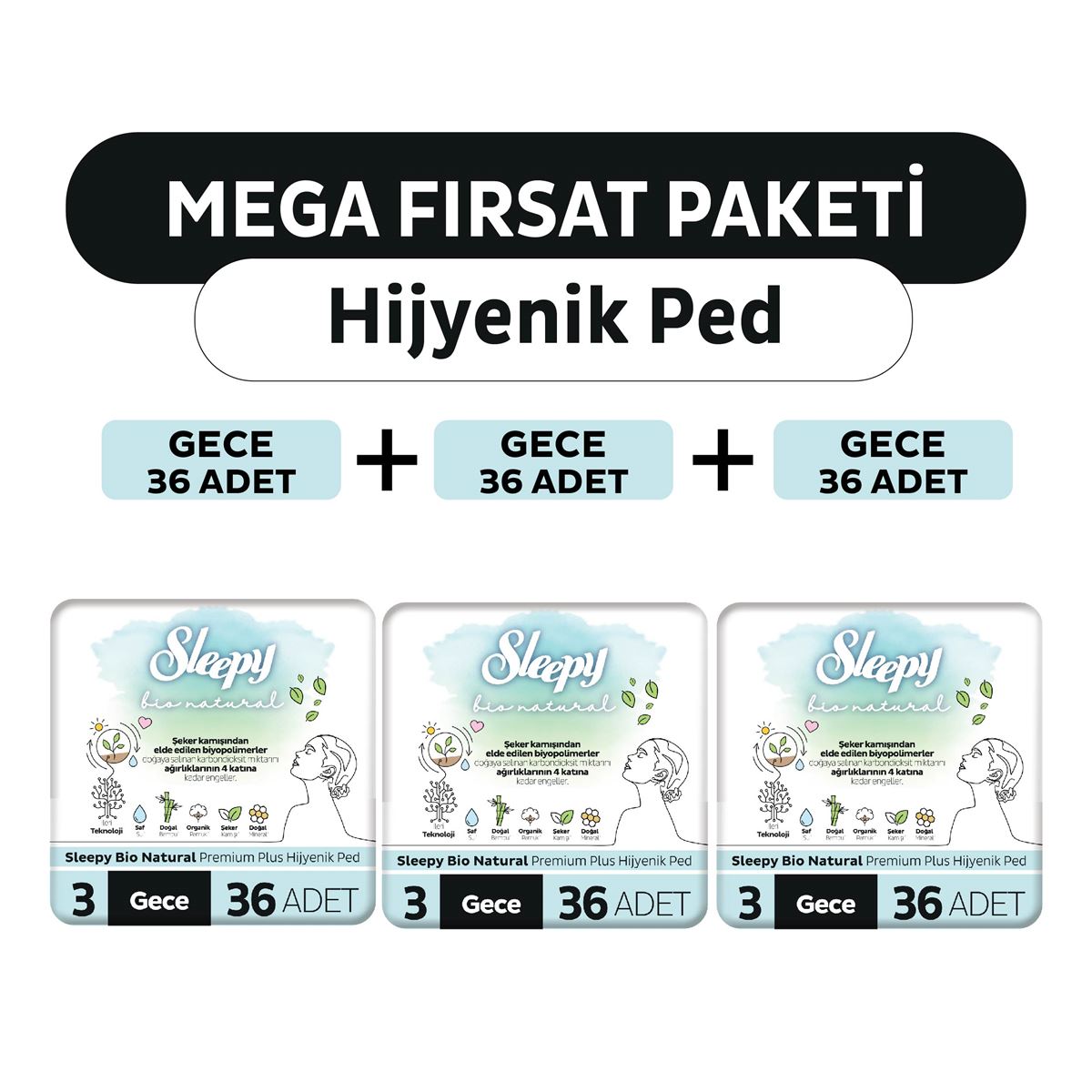 Sleepy Bio Natural Premium Plus Hijyenik Ped Mega Fırsat Paketi Gece 108 Adet