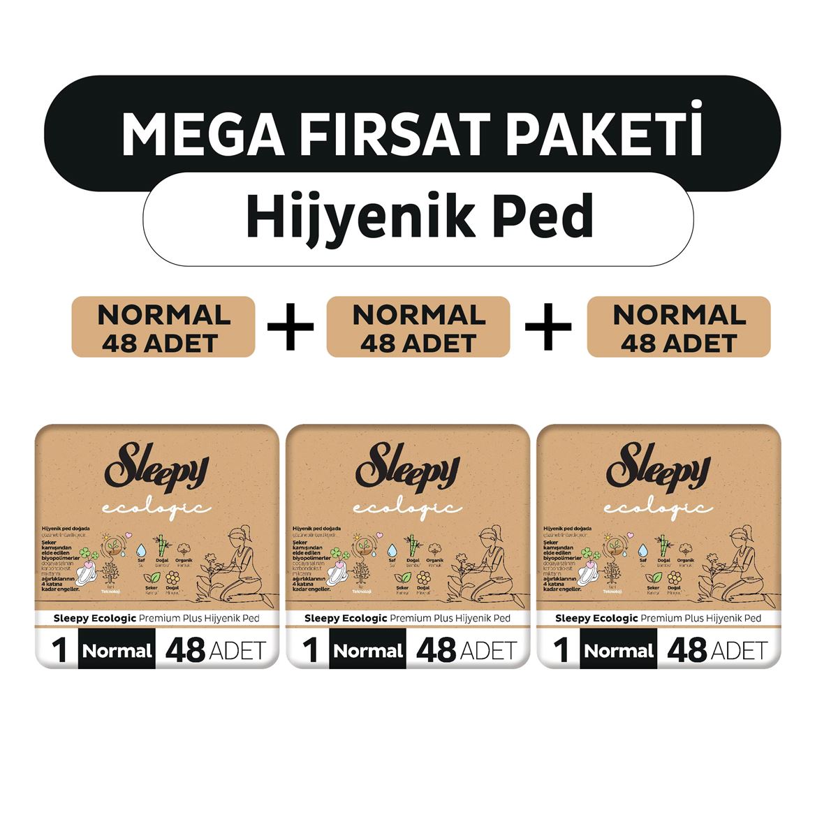 Sleepy Ecologic Premium Plus Hijyenik Ped Mega Fırsat Paketi Normal 144 Adet