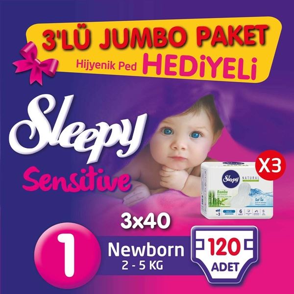 3'lü Jumbo Sleepy Sensitive Pepee Yenidoğan 1 Numara Bebek Bezi
