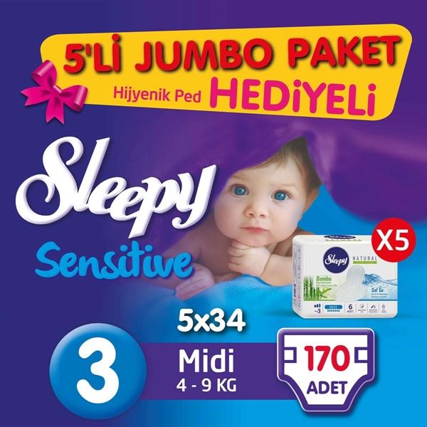 5'li Jumbo Sleepy Sensitive Pepee Midi 3 Numara Bebek Bezi
