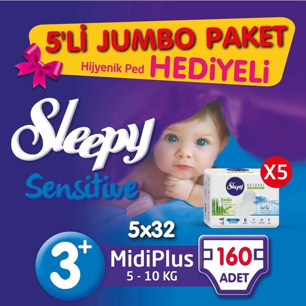 5'li Jumbo Sleepy Sensitive Pepee Midi Plus 3+ Numara Bebek Bezi