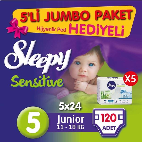 5'li Jumbo Sleepy Sensitive Pepee Junior 5 Numara Bebek Bezi