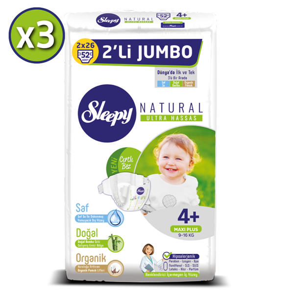 Sleepy Natural Bebek Bezi 4+ Numara Maxi Plus 3X2'Lİ JUMBO 156 Adet 