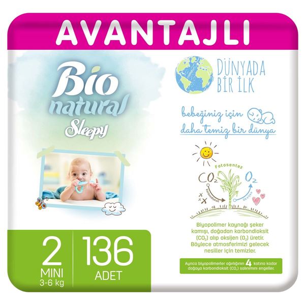 Sleepy Bio Natural Avantajlı Bebek Bezi 2 Numara Mini 136 Adet