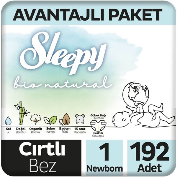 Sleepy Bio Natural Avantajlı Paket Bebek Bezi 1 Numara Yenidoğan 192 Adet