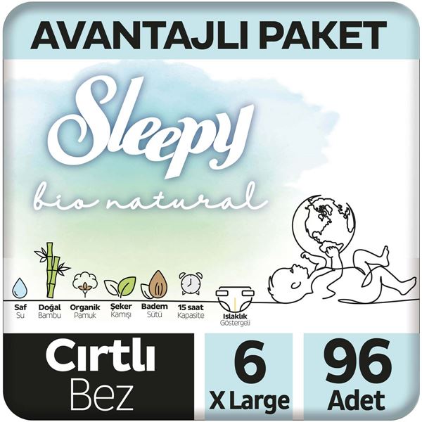 Sleepy Bio Natural Avantajlı Paket Bebek Bezi 6 Numara Xlarge 96 Adet