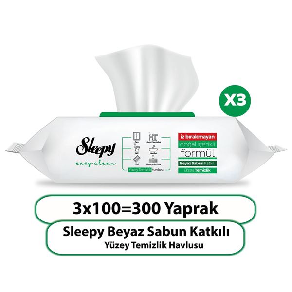 Sleepy Easy Clean Beyaz Sabun Katkılı Yüzey Temizlik Havlusu 3x100 (300 Yaprak)