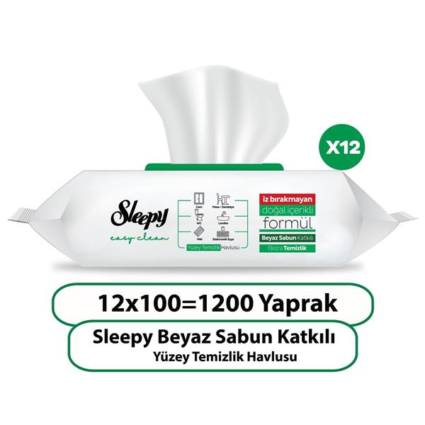 Sleepy Easy Clean Beyaz Sabun Katkılı Yüzey Temizlik Havlusu 12x100 (1200 Yaprak)
