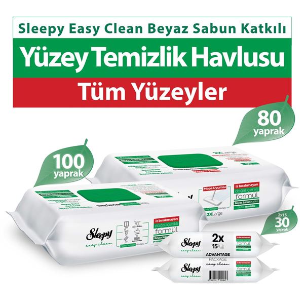 Sleepy Easy Clean Beyaz Sabun Katkılı Yüzey Temizlik Havlusu 100+2x15 Yaprak + Mopa Uyumlu 80 Yaprak