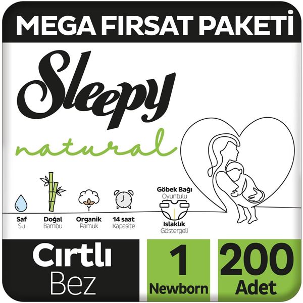 Sleepy Natural Mega Fırsat Paketi Bebek Bezi 1 Numara Newborn 200 Adet