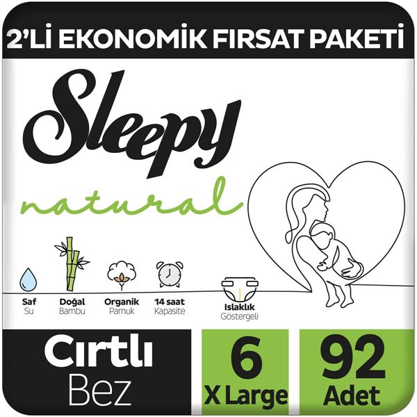 Sleepy Natural 2'li Ekonomik Fırsat Paketi Bebek Bezi 6 Numara Xlarge 92 Adet