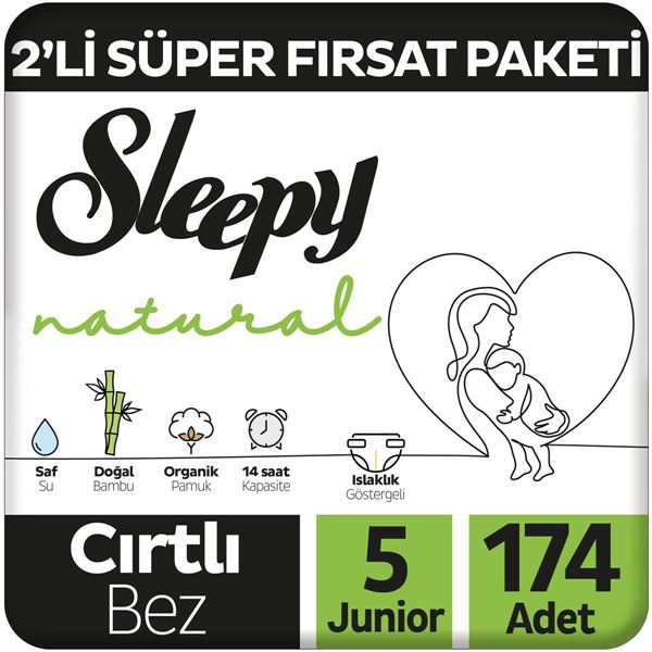 Sleepy Natural 2'li Süper Fırsat Paketi Bebek Bezi 5 Numara Junior 174 Adet