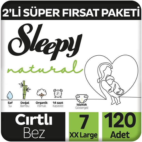 Sleepy Natural 2'li Süper Fırsat Paketi Bebek Bezi 7 Numara Xxlarge 120 Adet