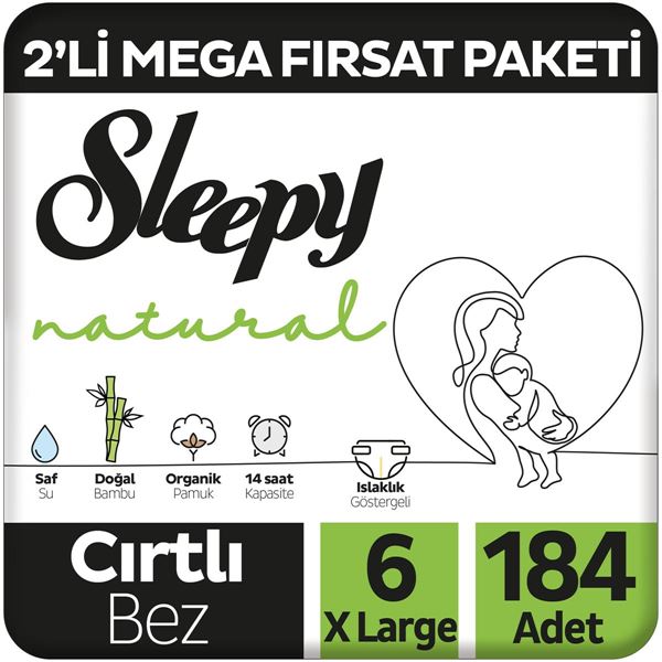 Sleepy Natural 2'li Mega Fırsat Paketi Bebek Bezi 6 Numara Xlarge 184 Adet