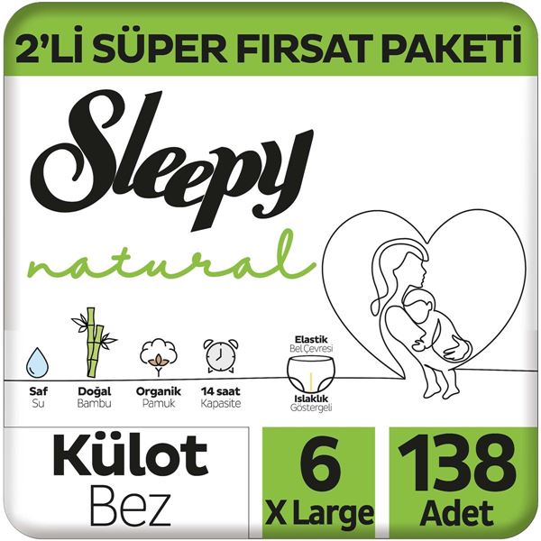 Sleepy Natural 2'li Süper Fırsat Paketi Külot Bez 6 Numara Xlarge 138 Adet