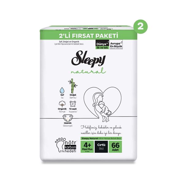 Sleepy Natural 2'li Ekonomik Fırsat Paketi Bebek Bezi 4+ Numara Maxi Plus 132 Adet