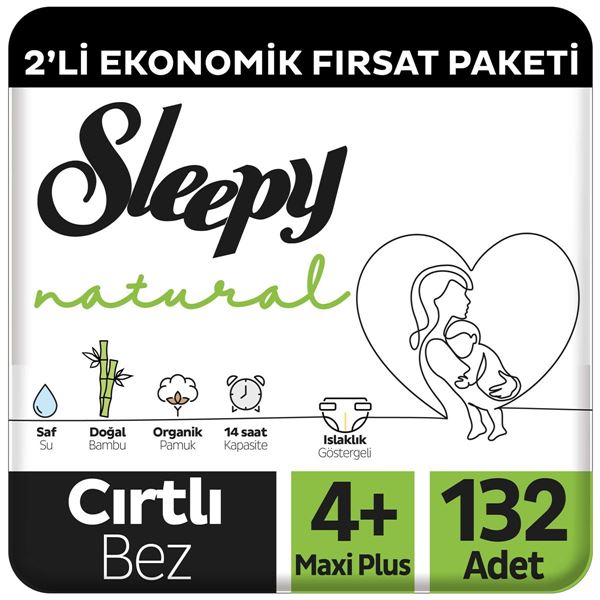 Sleepy Natural 2'li Ekonomik Fırsat Paketi Bebek Bezi 4+ Numara Maxi Plus 132 Adet