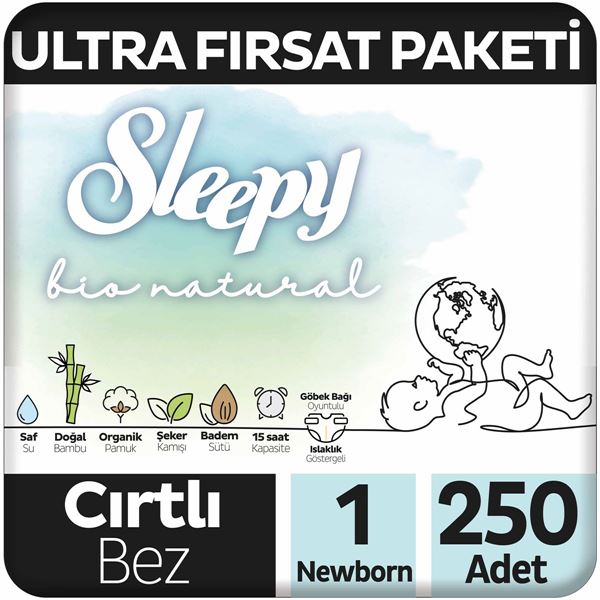 Sleepy Bio Natural Ultra Fırsat Paketi Bebek Bezi 1 Numara Newborn 250 Adet