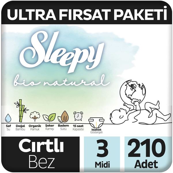 Sleepy Bio Natural Ultra Fırsat Paketi Bebek Bezi 3 Numara Midi 210 Adet