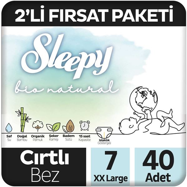 Sleepy Bio Natural 2'li Fırsat Paketi Bebek Bezi 7 Numara Xxlarge 40 Adet