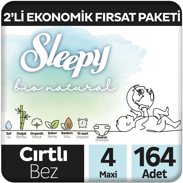 Sleepy Bio Natural 2'li Ekonomik Fırsat Paketi Bebek Bezi 4 Numara Maxi 164 Adet