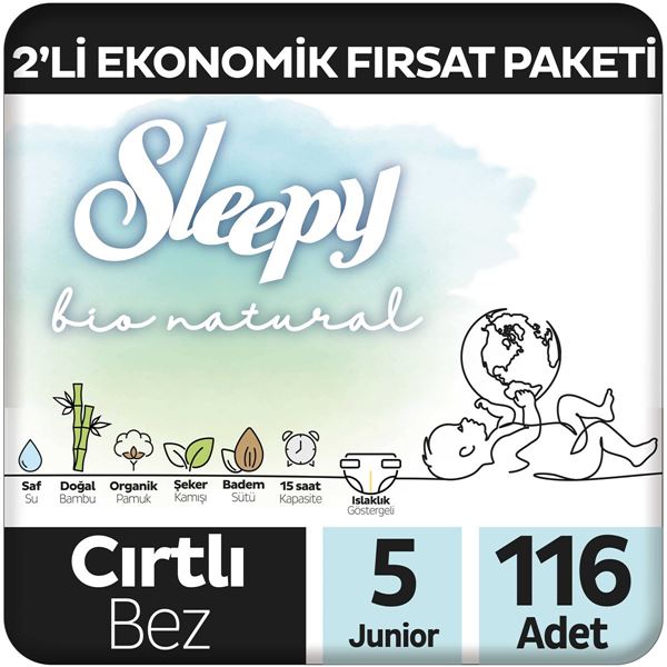 Sleepy Bio Natural 2'li Ekonomik Fırsat Paketi Bebek Bezi 5 Numara Junior 116 Adet