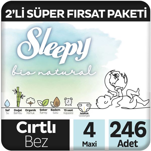 Sleepy Bio Natural 2'li Süper Fırsat Paketi Bebek Bezi 4 Numara Maxi 246 Adet