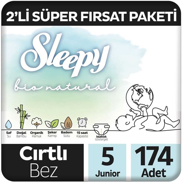 Sleepy Bio Natural 2'li Süper Fırsat Paketi Bebek Bezi 5 Numara Junior 174 Adet