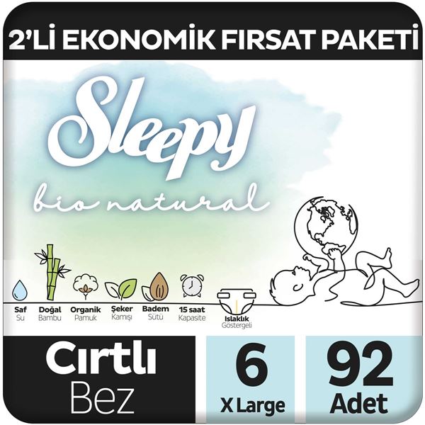 Sleepy Bio Natural 2'li Ekonomik Fırsat Paketi Bebek Bezi 6 Numara Xlarge 92 Adet
