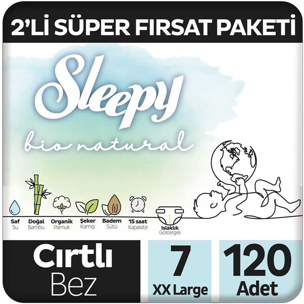 Sleepy Bio Natural 2'li Süper Fırsat Paketi Bebek Bezi 7 Numara Xxlarge 120 Adet